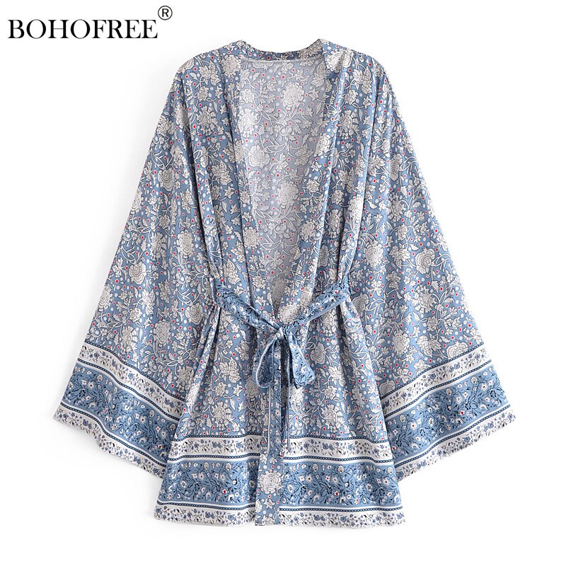 Kimono corto bohemio de rayón para mujer, ropa informal holgada con estampado Floral, para playa y verano