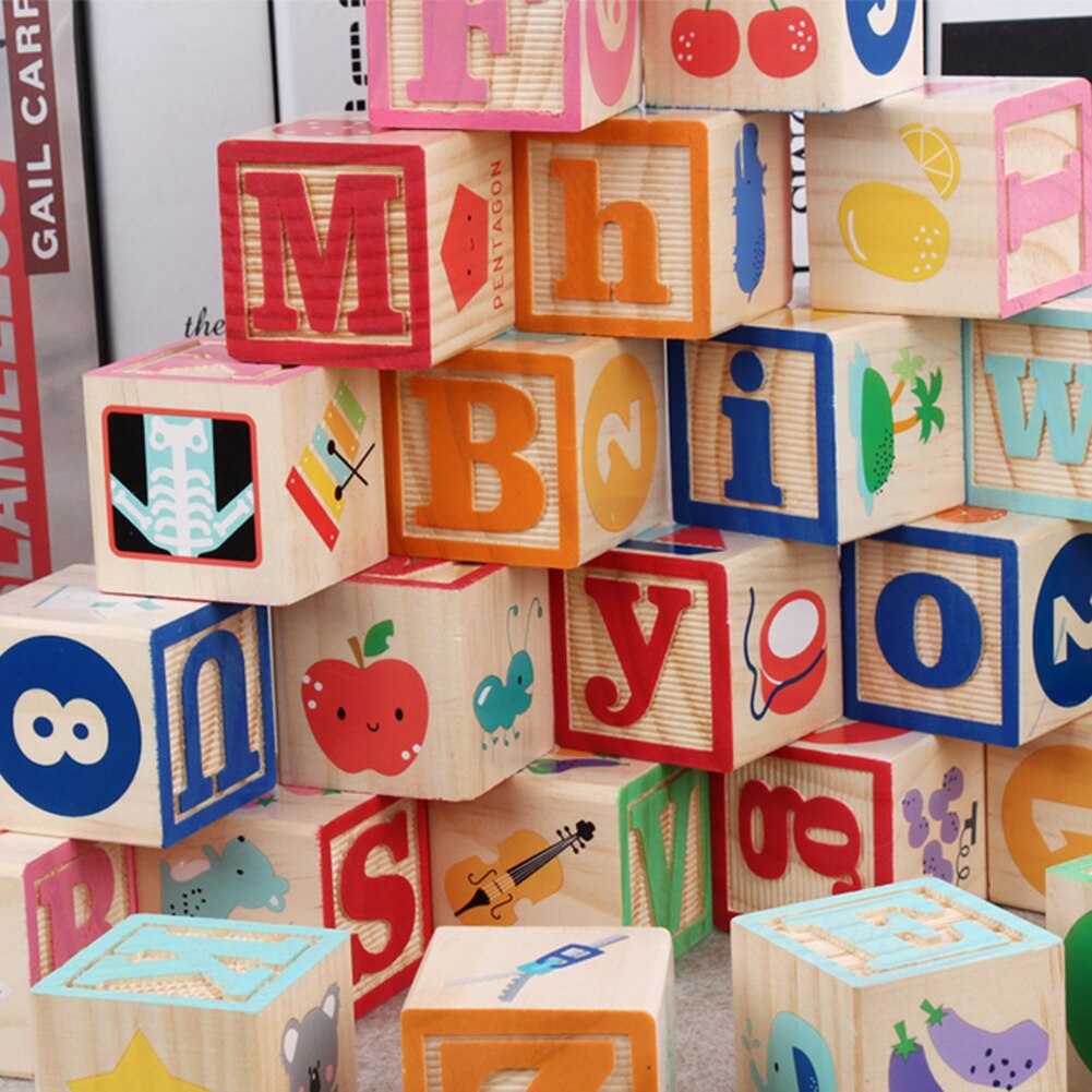 26Pcs Alphabet Fruit Animal Number Wooden Building Block Cube Education Kids Toy Intelligence Develop Toys