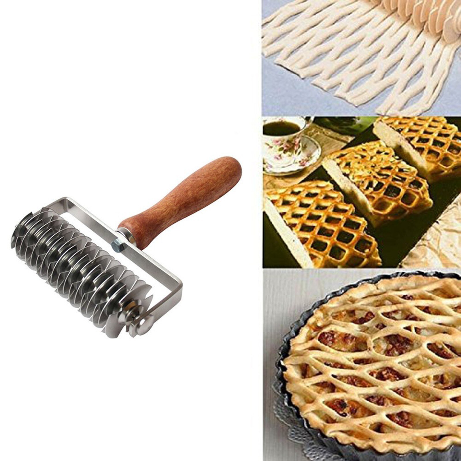 Stainless Steel Dough Lattice Bread Crust Roller Cutter Wood Handle Pastry Crust Roller Cutter Wooden Handle Roller Dough Roller