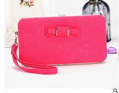 Purse bow women's wallet female famous brand card holders cellphone pocket PU leather clutch women wallet Large lychee 138Q: CherryRed138