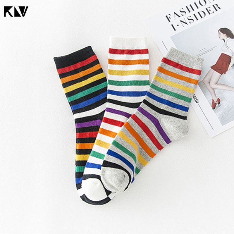 Women Teen Girls Harajuku Rainbow Striped Crew Socks Preppy Style Hip-Hop Skateboard Cotton Novelty Sports Short Tube Hosiery
