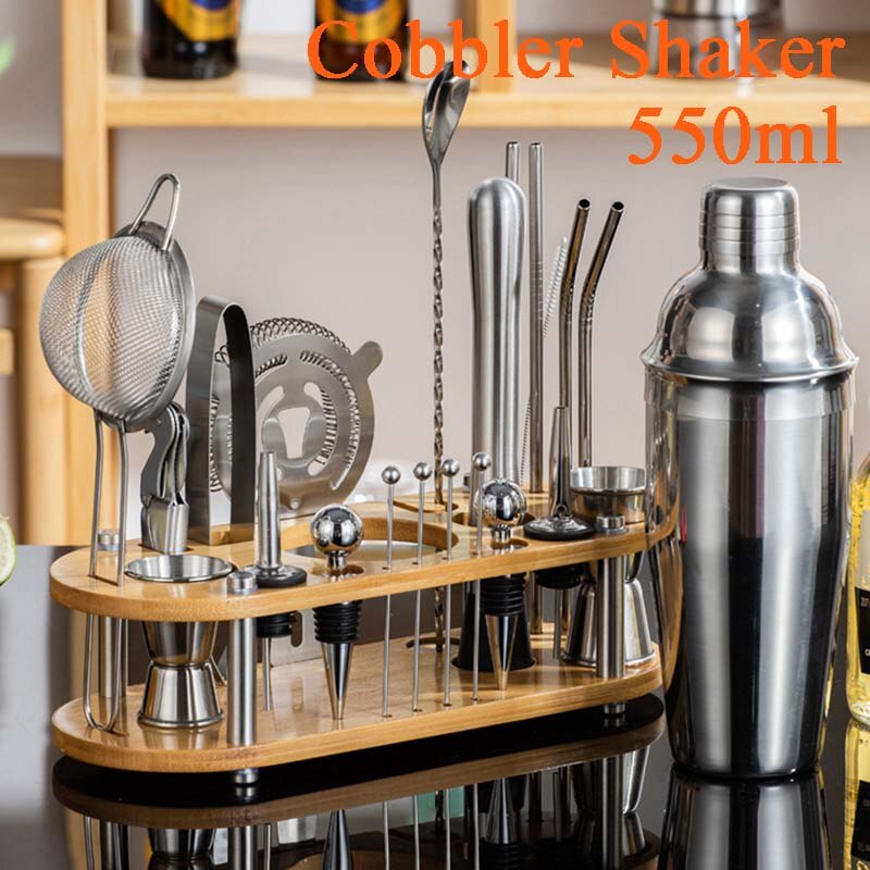Juego de coctelera de acero inoxidable, mezclador de camarero, Zapatero, coctelera Boston, bar, herramientas, Jigger, mezclador, cuchara vertedora: 23pcs Cobbler Sets S