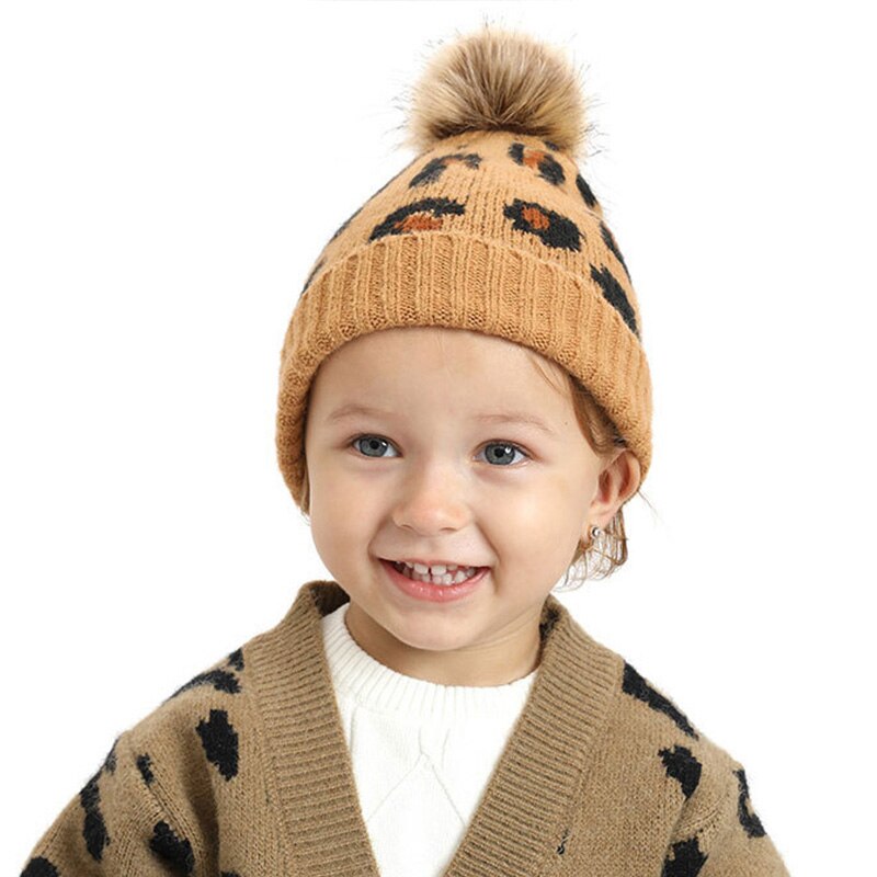 Pompom baby hatt leopard tryckt barn flicka pojke höst vinter mössa mössa mjuk stickad varma barn småbarn mössor keps