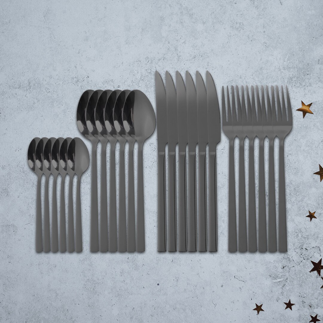 24Pcs Mirror Cutlery Tableware Set Silver Cutlery Stainless Steel Kitchen Set Dinnerware Knife Spoon Fork Dinner Set Complete: black 24 pcs