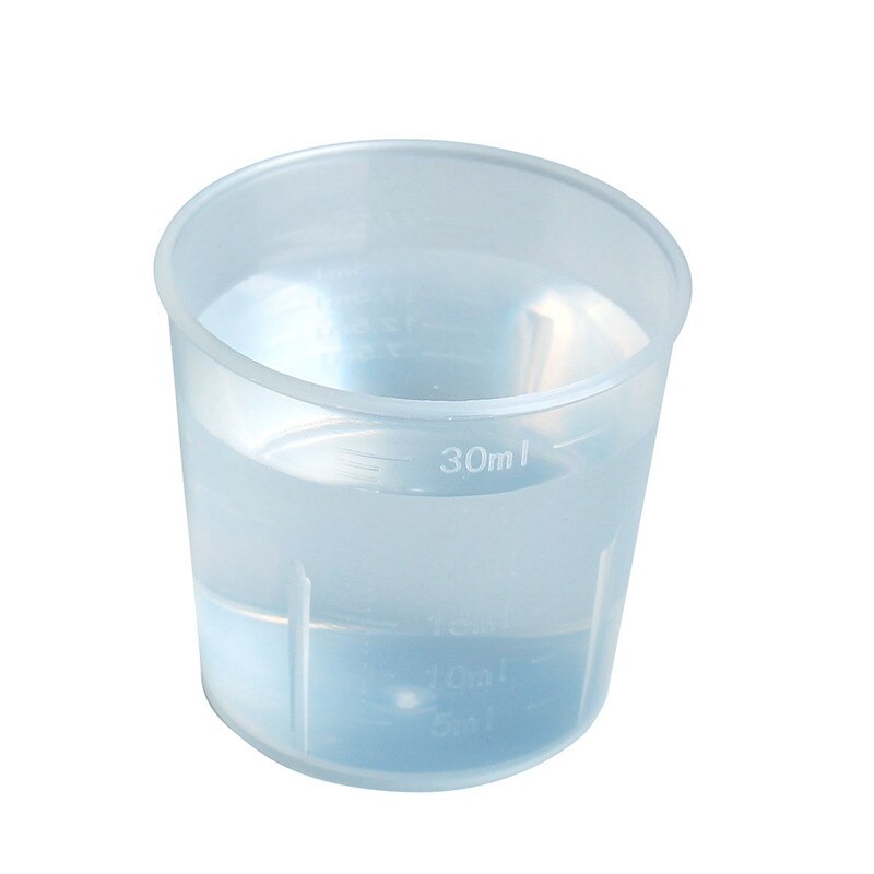 Lote de 10 unidades de botellas de laboratorio graduadas de plástico, prueba de laboratorio, medición de 30ml, recipientes, tazas con tapa, tazas de plástico para medir líquidos