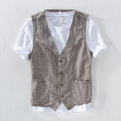 Mans vintage linned jakkesæt vest slankt materiale 55% hør  + 45% bomulds vest mandlige afslappet stribet tynd vest vest asiatisk str. m -3xl: L728 kaffe / L