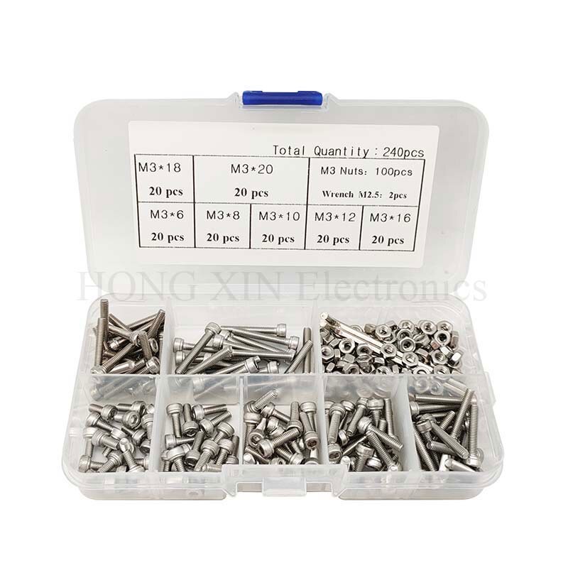 240 stk/set M3 Cap Hoofd Rvs Inbusschroeven Bolt met Hex Noten Assortiment Kit Fasteners met Plastic Doos schroef bolt