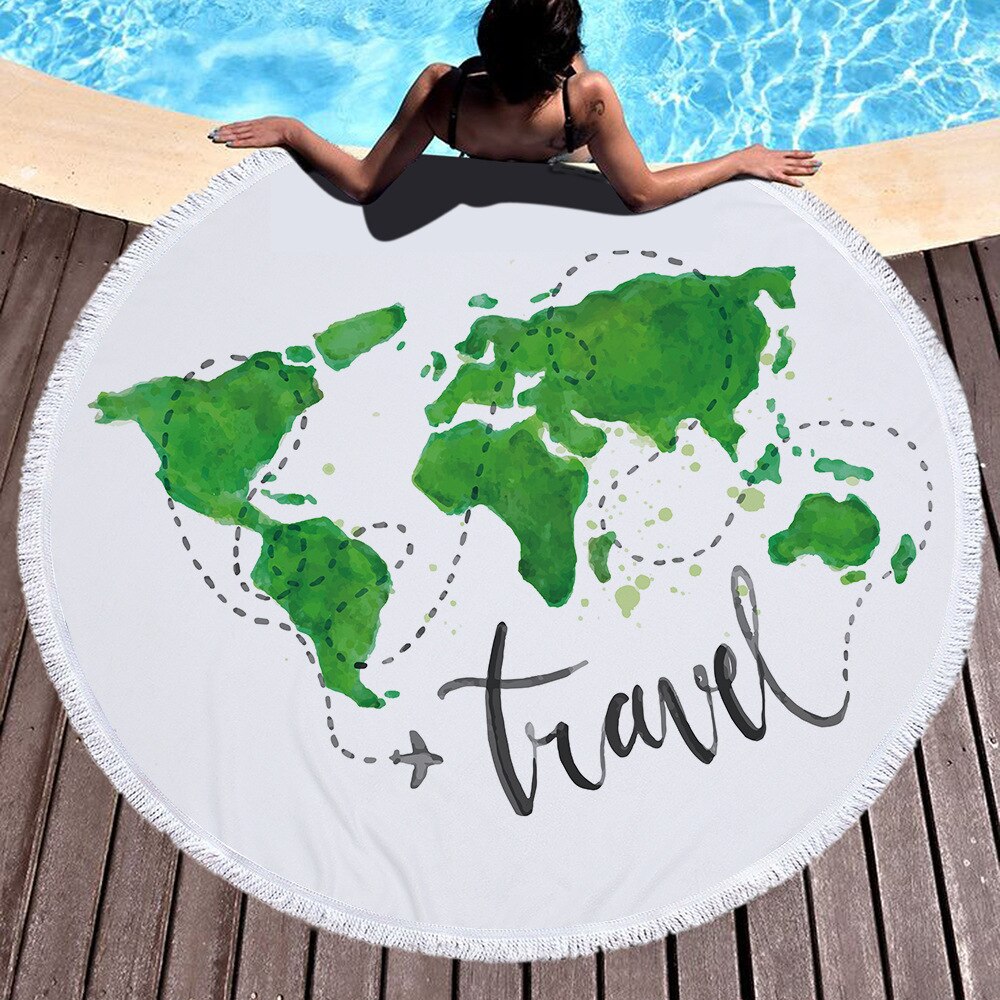 World Map Printed Large Beach Towel Microfiber With Tassels Circle Summer Towel Blanket Serviette De Plage