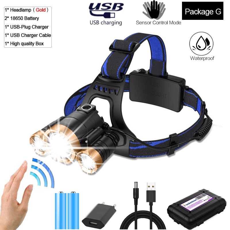 Super Leistungsstarke Sensor Scheinwerfer Wiederaufladbare Körper Motion Sensor Scheinwerfer Wasserdichte LED Kopf Licht USB Kopf Vorder Taschenlampe 18650: Package G
