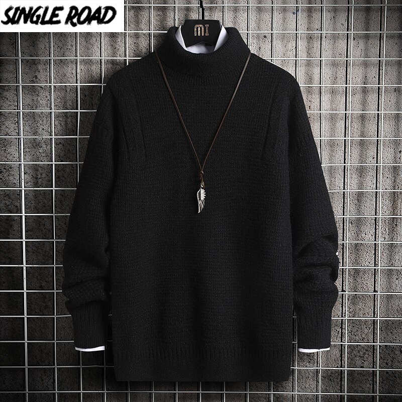 Singleroad overdimensjonert herre turtlenecks genser herre hofte hopp harajuku koreansk høykrage høyhalset genser svart strikkede gensere herre