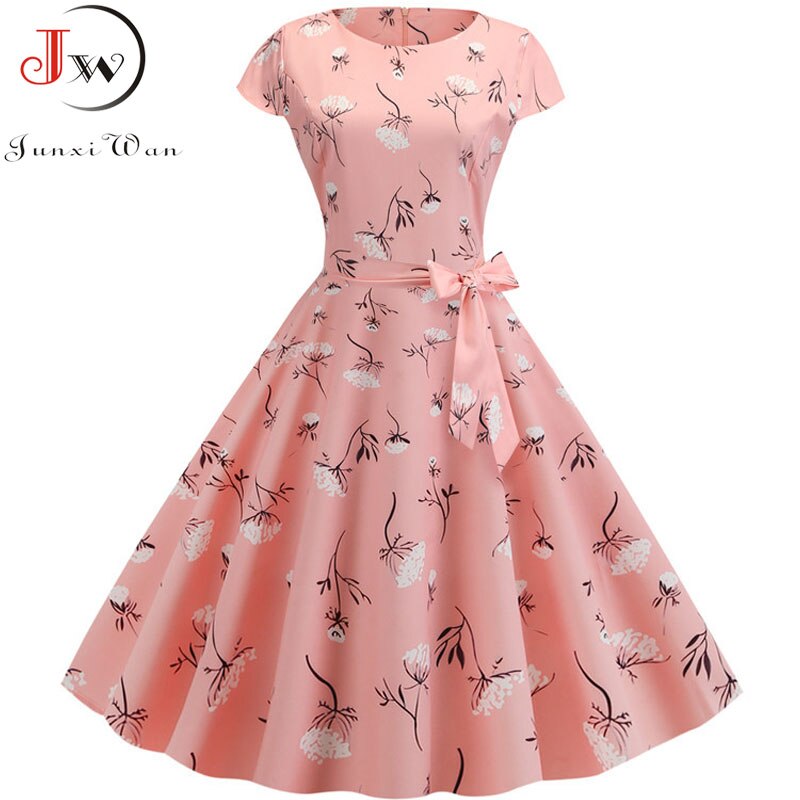 Vintage Kleid Damen Sommer Kurzarm Polka Dot Midi Casual Büro Partykleid 50er 60er Pin Up Rockabilly Kleider: S / Rot