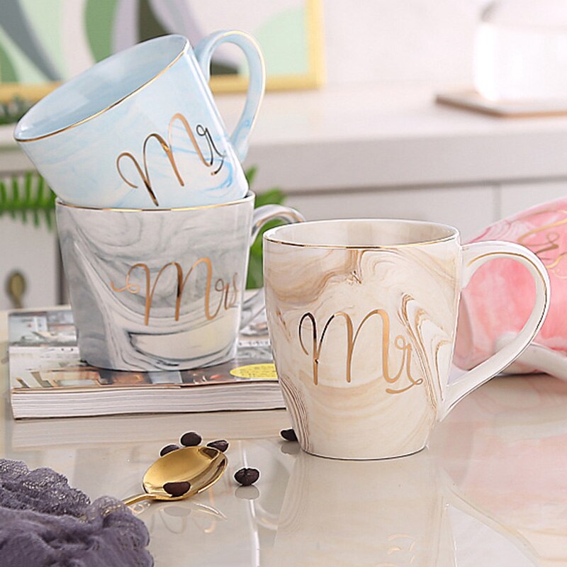 Luxe 380 Ml Marmer Keramische Mok Mok Melk Thee Cups Mr En Mrs Mokken Roze Goud Inlay ontbijt Home Decor