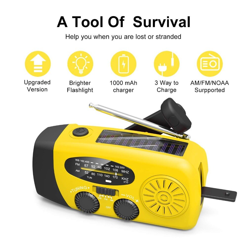 5-in-1 Portable FM Radio Hand Crank Self Powered AM/FM/NOAA Solar Emergency Radios with 3 LED Flashlight 1000mAh Power Bank