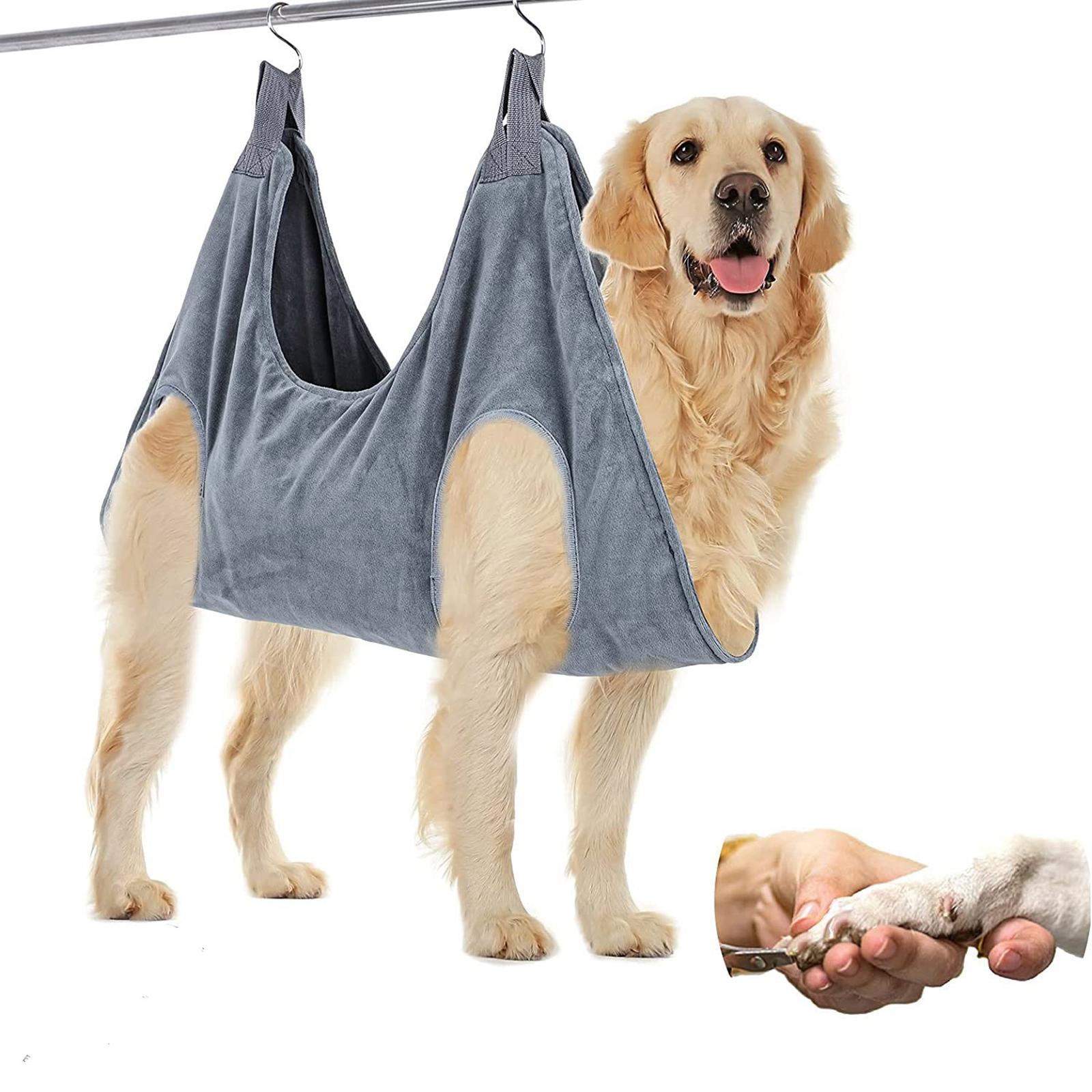 Portable Dog Grooming Hammock Restraint Bag Pet Dry Towel with 2 Hooks for Cleaning: Grey S