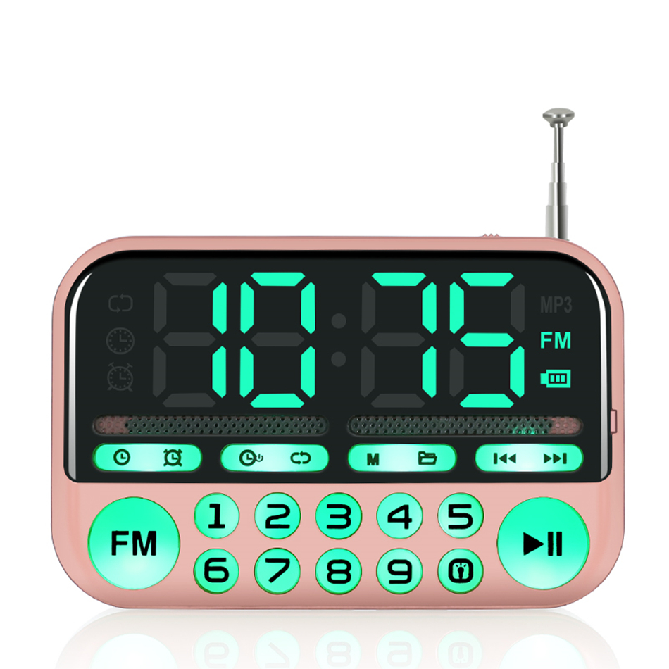 F-14 Portable Mini FM Radio Stereo Speakers Music Player Dual Band Receiver FM 87.5-108MHz Backlight button Clock