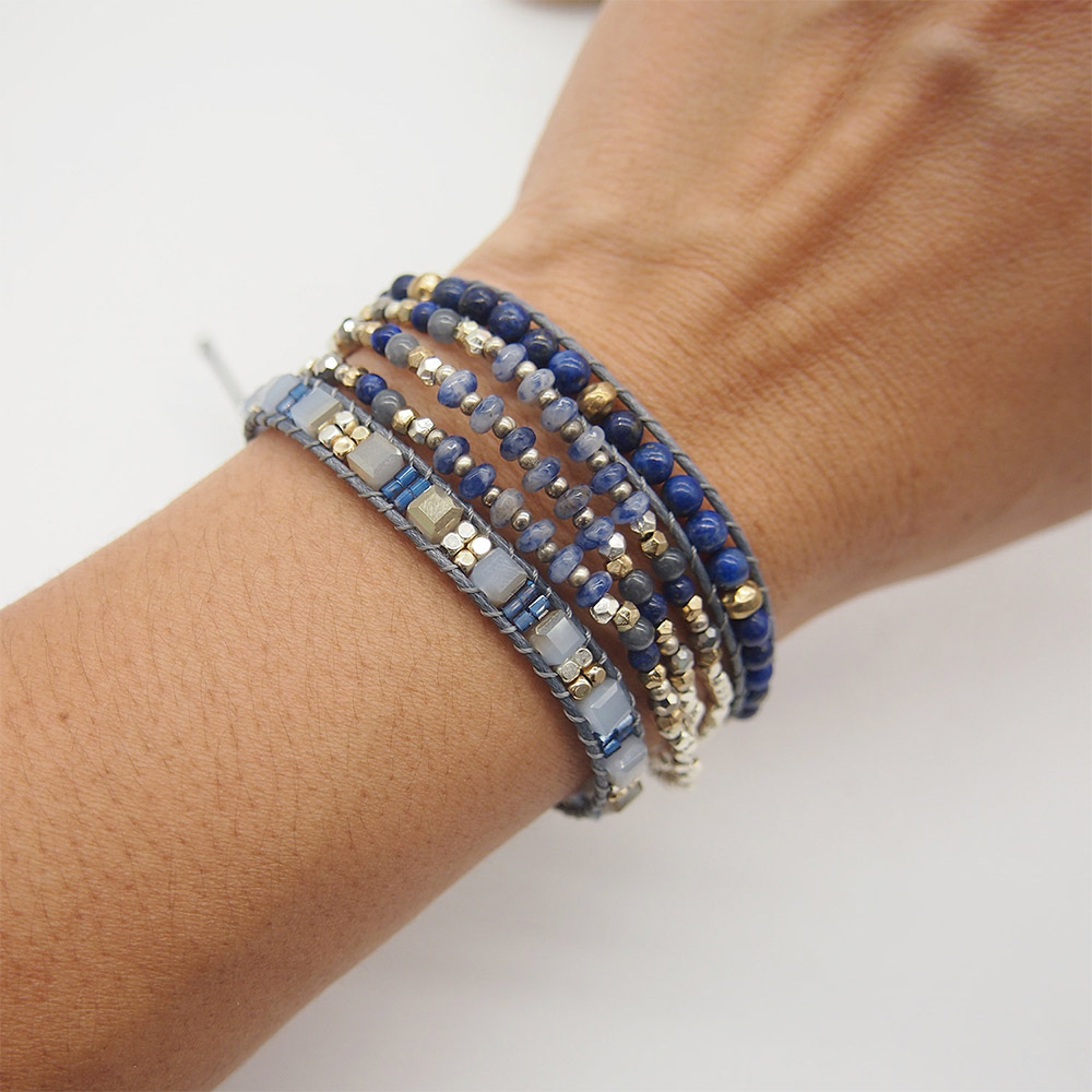Sodaliet Lapis Lazuli Triple Strengen 5 Wraps Bohemian Beadwork Crystal Gemengde Armband Cadeau Voor Mannen En Vrouwen