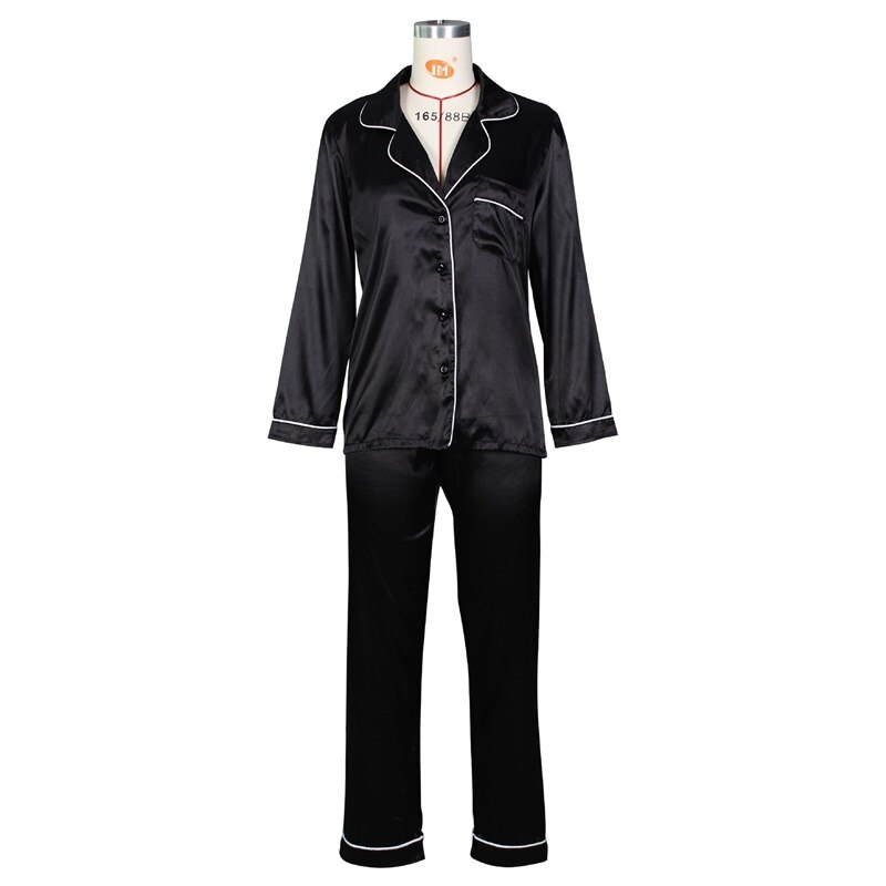 Langærmede enkeltradede bukser jakkesæt satin damedragter løse kvindelige dyb v skjorte + lige bukser 2- delt sæt outfits: Sort / Xl