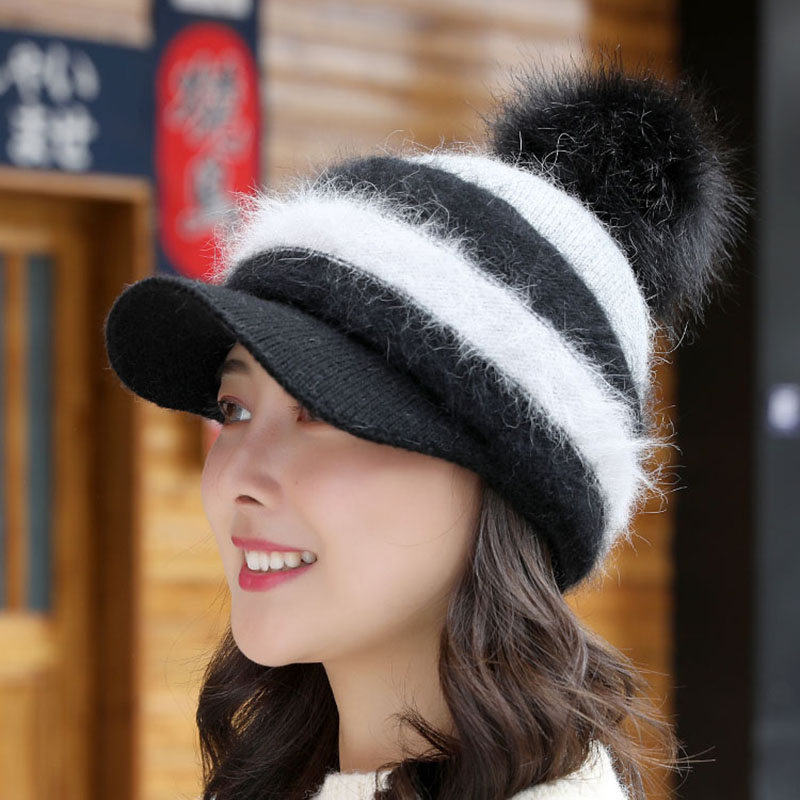 Efterår vinter kvinder tyk strikket visir beanie hat sød stribet kanin hår blanding hue tyk varm ørepap hætte elastisk kuppel hat