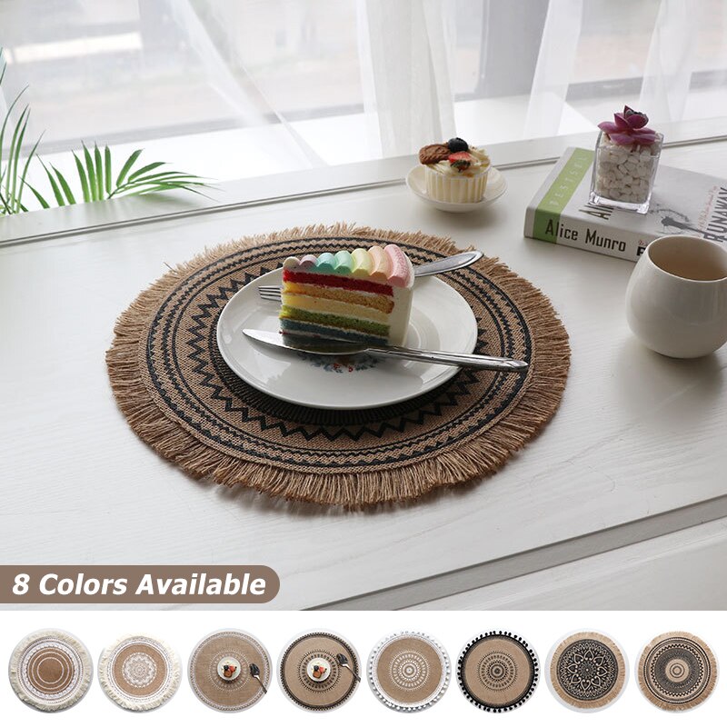 Napperon de Table à manger rond en Jute avec pompon, napperon tissé antidérapant, tapis isolant, dessous de verre pour café, décoration de la maison,