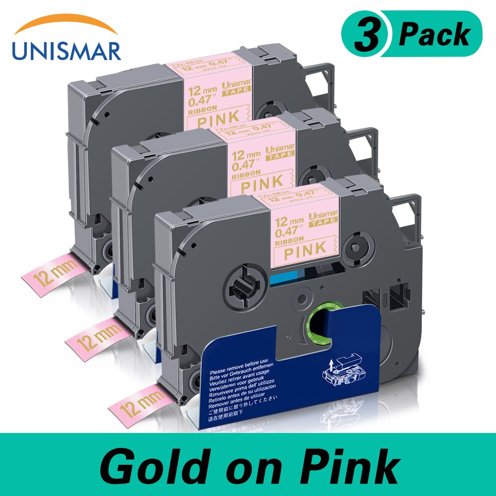 Unismar 3PK 12mm Satin Ribbon Label for Brother RE34 Gold on Pink Label Ribbon Compatible Brother Ptouch Labeler Printer Machine