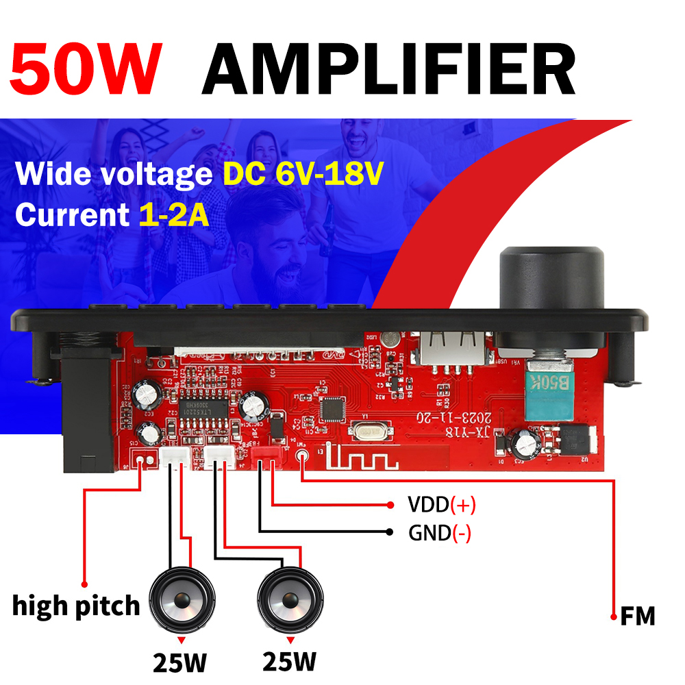 DC 6-18V Bluetooth 5.0 Digital Amplifier Module Audio Decoder Board 2.0 Channel Stereo 25W*2 Home Karaoke Control Module