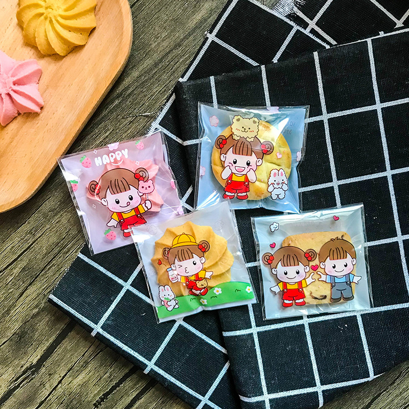 100 Stuks Jongen Meisje Zelfklevende Zakken Bakken Verpakking Ziplock Zak Cookie Snack Snoep Zak 7*7 + 3Cm