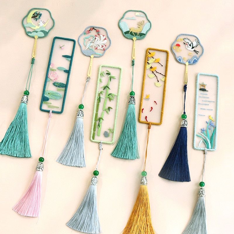 Chinese Flower DIY Bookmark Embroidery Kit with Hoop Needlework Cross Stitch Handmade Craft Sewing Art Set Unfinished Kit