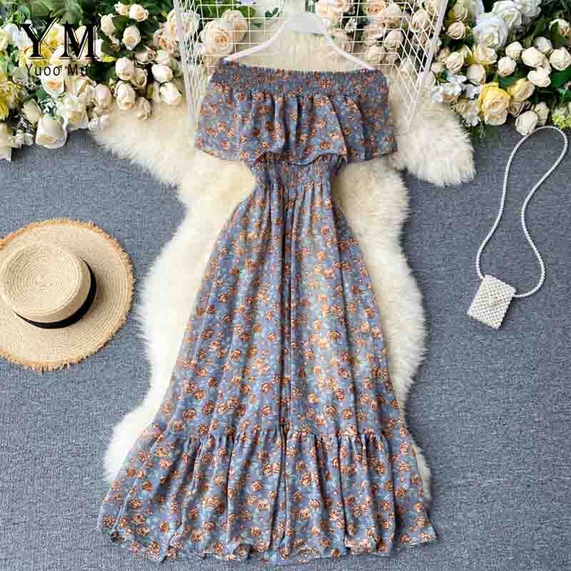 Yuoomuoo Bohemian Zomer Off Shoulder Bloemenprint Jurk Vrouwen Elegante Ruches Chiffon Lange Jurk Boho Mode Strand Jurk: Grijs