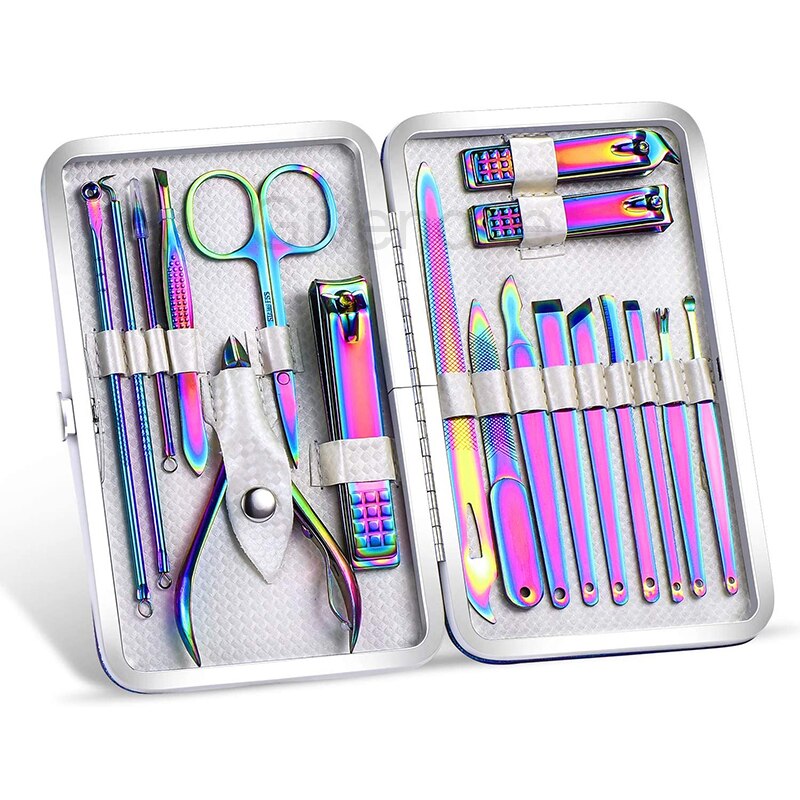 Rainbow Nail Clipper Set Pro Stainless Steel Manicure Kits Household Nail Scissors Tweezers Ear Spoon Beauty Nail Manicure Tools