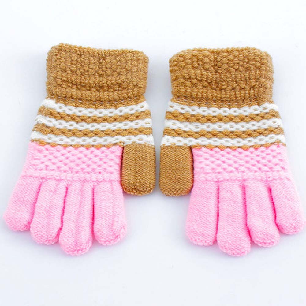 1 paio di Inverno Bambino Caldo Guanti Per Bambini Lavorato A Maglia di Stirata Guanti Bambini Guanti Unisex Guanti Pieni della Barretta Multicolore di Spessore Guanti: khaki and pink