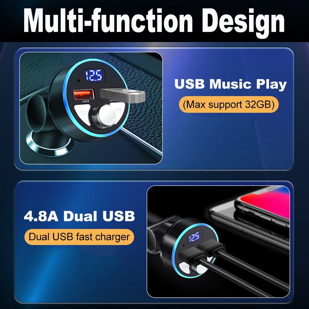 Bluetooth 5.0 FM Transmitter 4.8A Car Mp3 Player Wireless Handsfree Car Kit Dual USB Fast Charger Audio Adaptor Auto Accessories