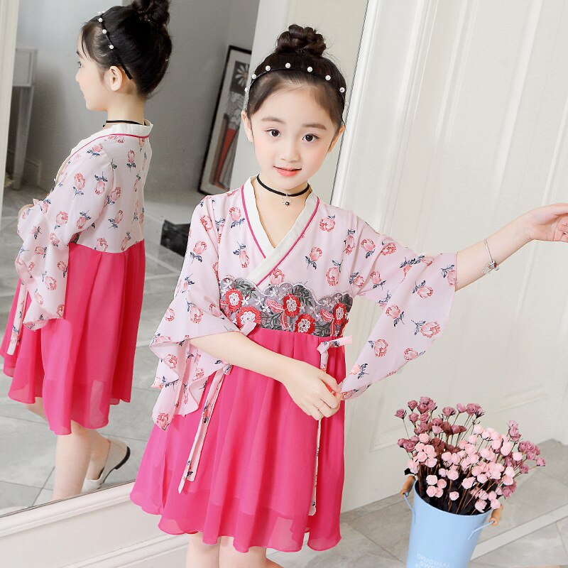 Newly Girls Fairy Dress Traditional Chinese Cheongsam Dress Kids Spring Pink Hanfu Qipao Tang Suit For Children Kids SL1023