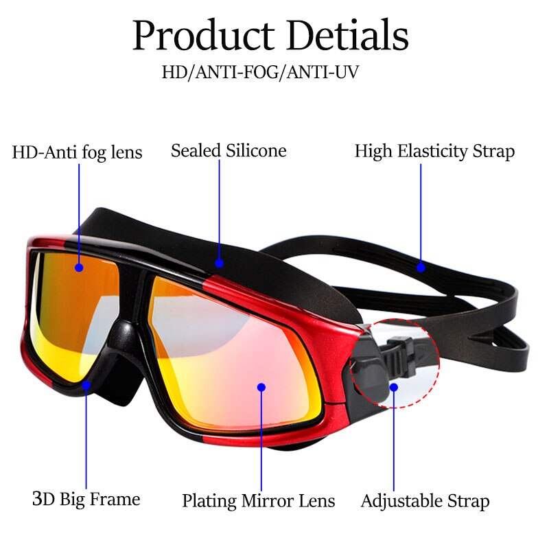 Professionele Waterdichte Comfortabele Siliconen Zwemmen Bril Grote Frame Anti-Fog Uv Bescherming Zwembril Voor Mannen Vrouwen