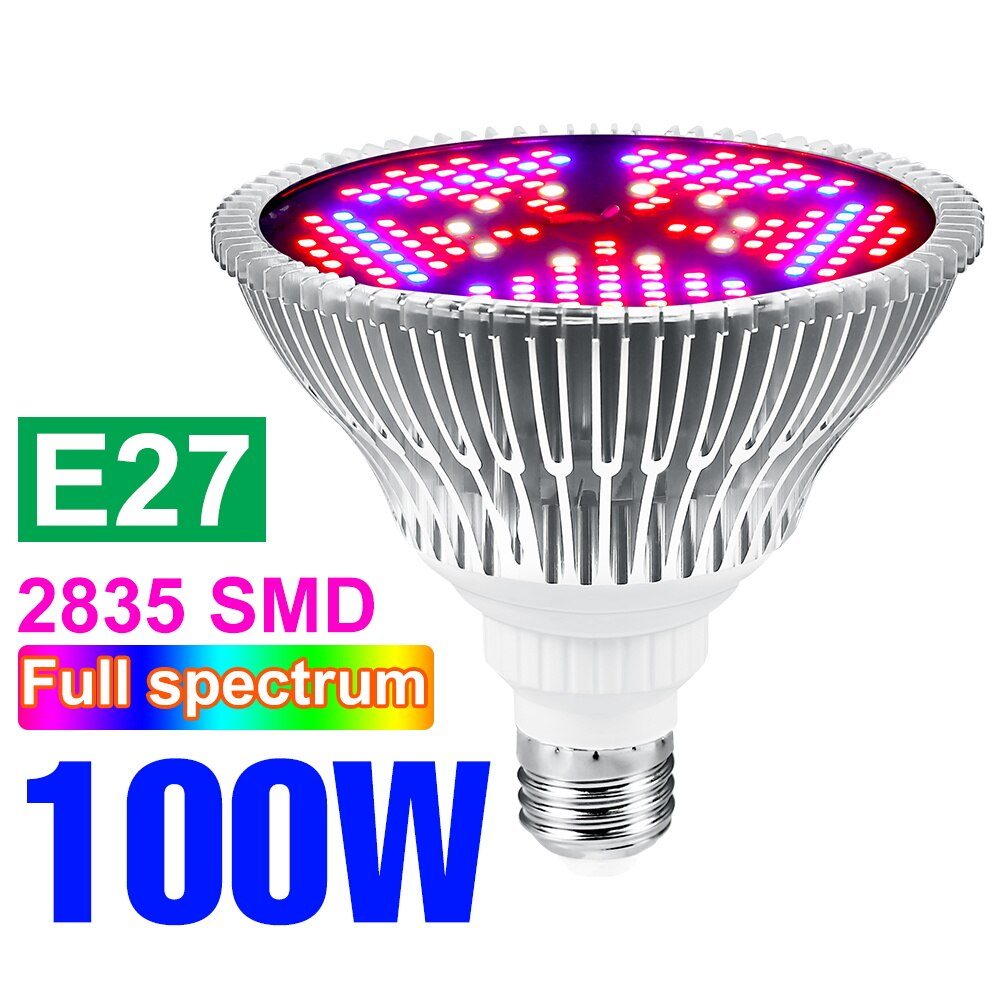 Espectro completo e27 planta led crescer lâmpada e14 220v lâmpadas fito estufa iluminação 18w 28 30 50 80 100 phyto sementes de flores lâmpadas: E27 100W