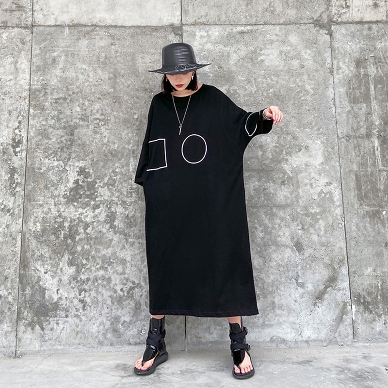 [EAM] vestido largo negro estampado de patrón de talla grande cuello redondo manga larga ajuste suelto Primavera otoño 1Z424