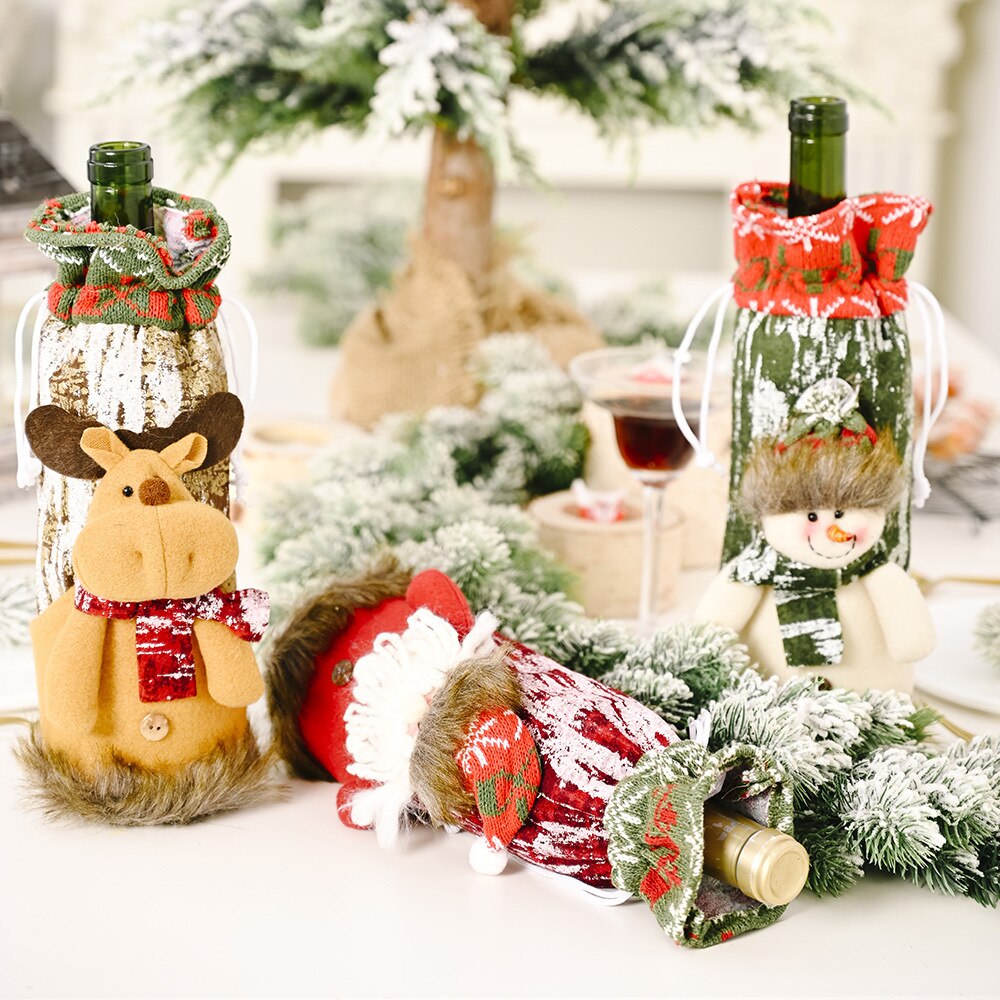 Jul vinflaskedæksel juletræ blomsterstrømpepose champagne opbevaringspose hjemmedekorationer juledekorationsår