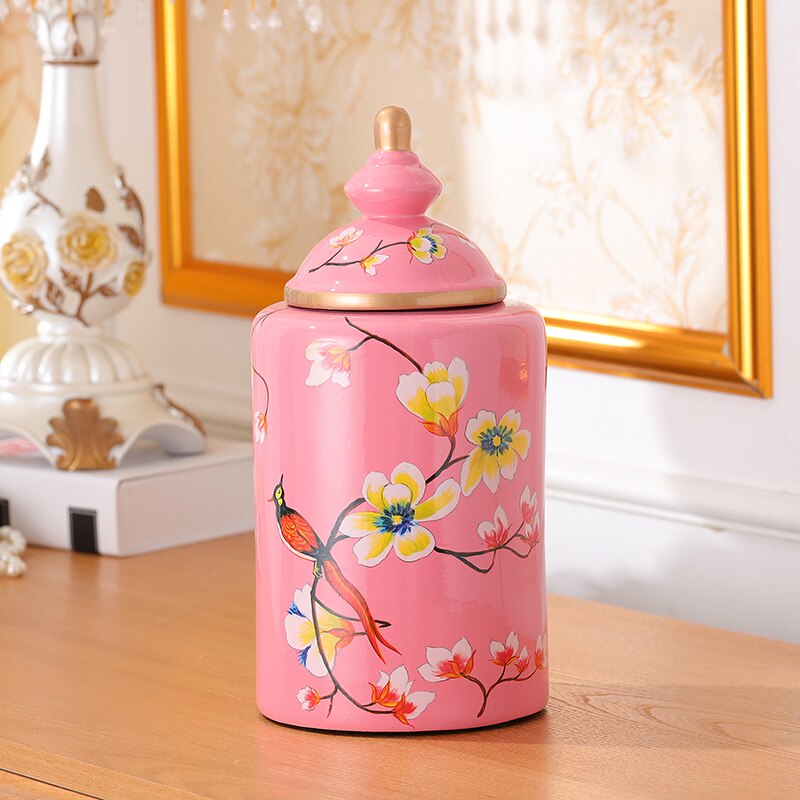 Jarrón de cerámica pintado de flores y pájaros, jarrones clásicos, tarro de caramelo antiguo, tarros de almacenamiento de porcelana multiusos, decoración Vintage para el hogar: Pink Middle
