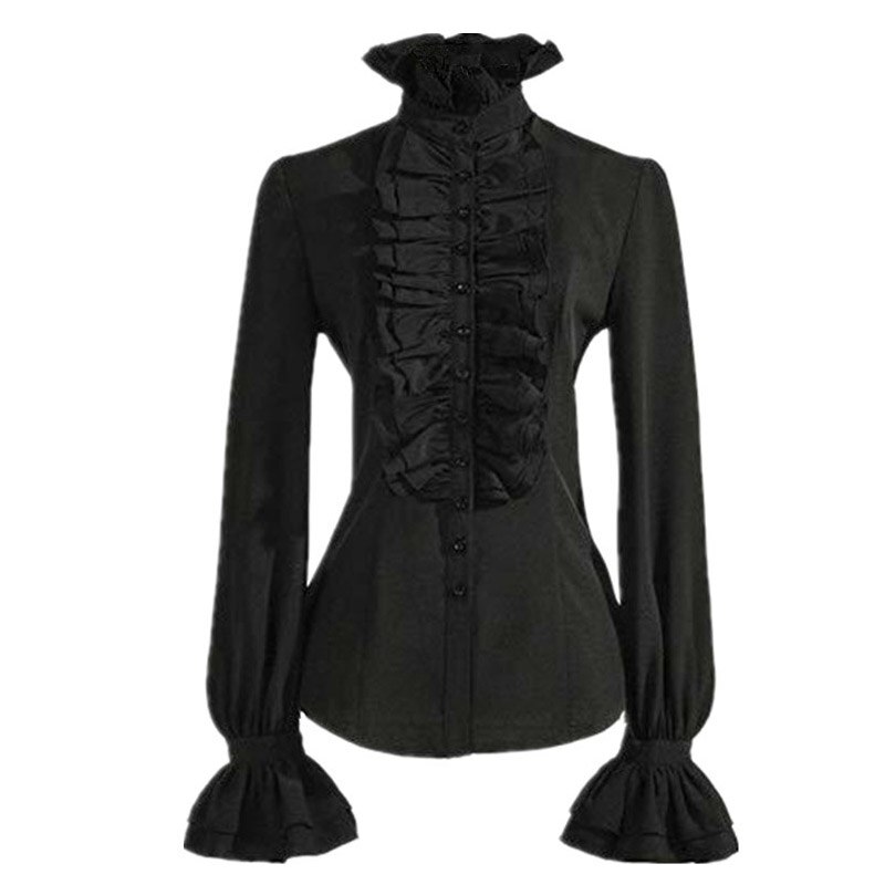 Camicia vittoriana Vintage da donna collo alto con volant camicetta abbottonata maniche lunghe vita sottile Office Lady Gothic Lotus top