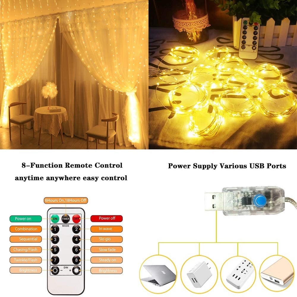 Guirnalda de luces para cortina, luces de hadas alimentadas por USB, 8 modos de iluminación con Control remoto, decoración del hogar de Navidad y Año , 1 ud.