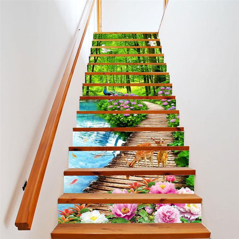 13pcs/set 3D Staircase Stair Riser Floor Sticker Stair Sticker Waterproof Self-adhesive PVC Staircase Sticker For Stairway Decor