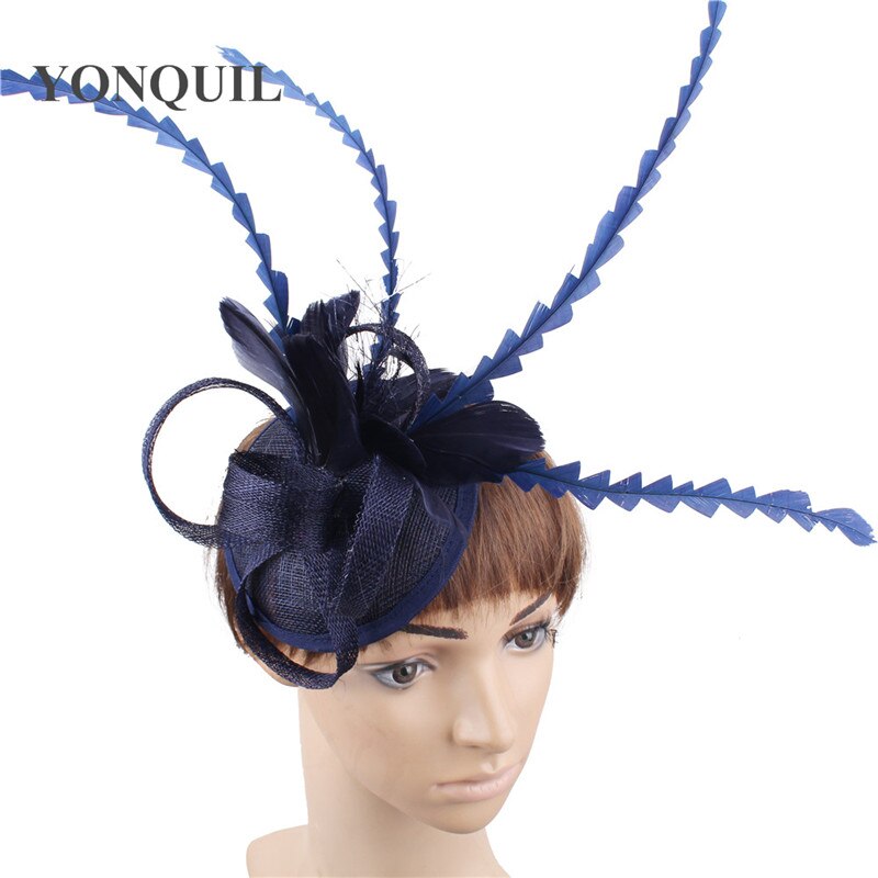 Grønn fast sinamay festfascinator lue sposa kirkehatter bryllup hårtilbehør fjærdekor hodeplagg på hårspenner syf 130: Marinen