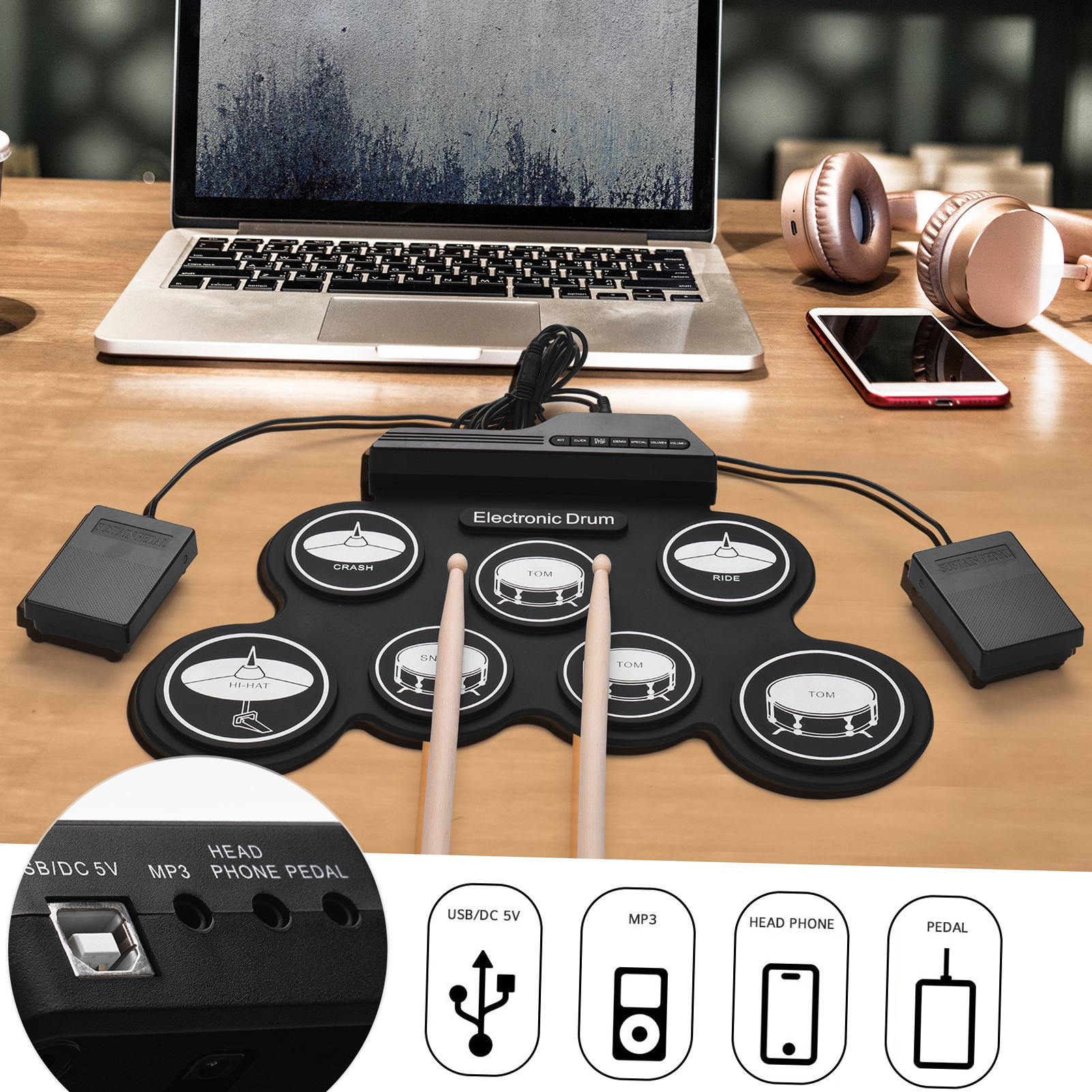 Elektronische Drumstel Usb Roll-Up Siliconen Drums Pad Digitaal Opvouwbaar Elektrisch Draagbaar Compact Formaat Kit Hand Oefenen Met Pedaal