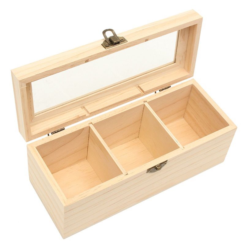 Wooden Tea Box 3 Compartments Storage Container Jewelry Accessories Box H55A