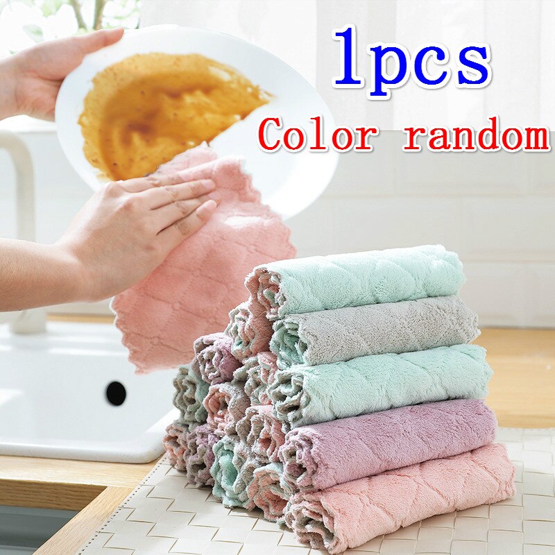 Suef husholdning køkkenhåndklæder absorberende tykkere dobbeltlag mikrofiber tørre bord køkkenhåndklæde rengøring opvask vaskeklud @ 4: A 1 stk farve tilfældig