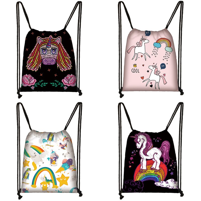Unicorn Print Drawstring Bag Women Travel Bag Teenager School Bag Brown Girl And Boy Backpack Female Storage Bags To521