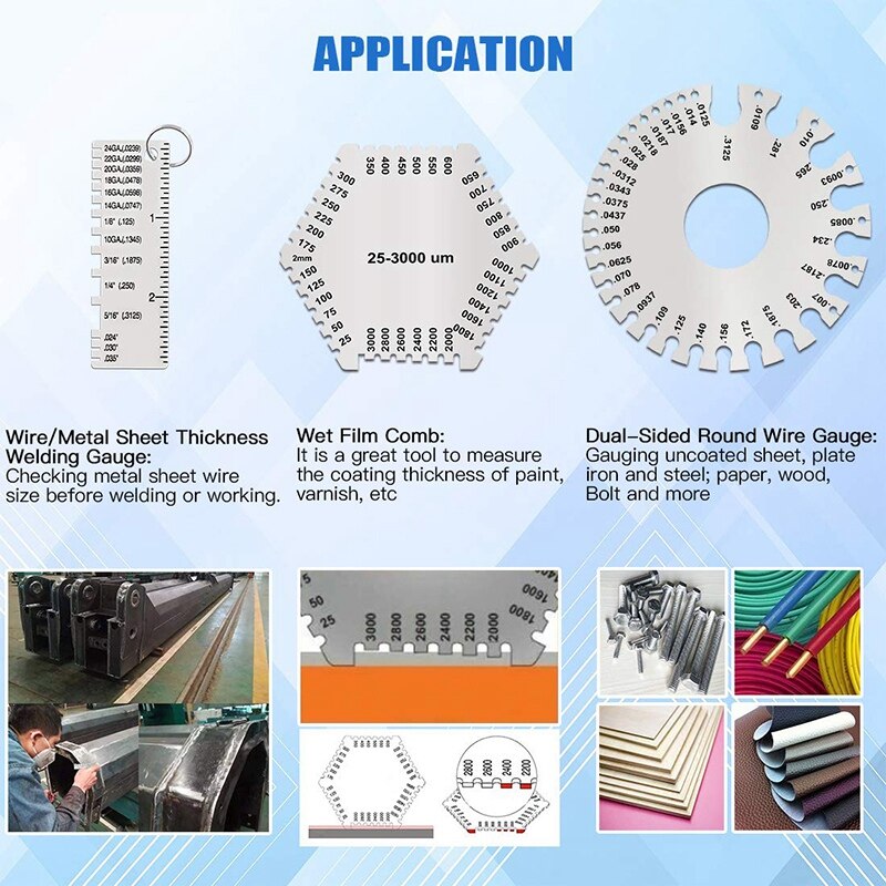 3 Pcs Stainless Steel Welding Gauge Set Wet Film Comb Wire Metal Sheet Thickness Gauge Round Dual-Sided Wire