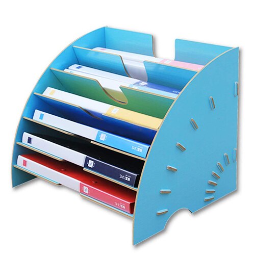 XRHYY Desktop Wooden Storage Box Office Supplies Finishing Storage Box Office File Rack Multi-Layer File Shelf A4 Data Bookshelf: Blue-3