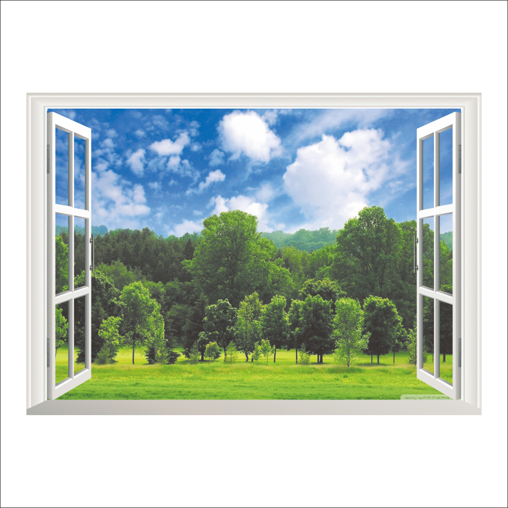 3d raam gebroken muur boslandschap in vier seizoenen landschap muursticker groene boom verwijderbaar behang huissticker huisdecoratie: 14170