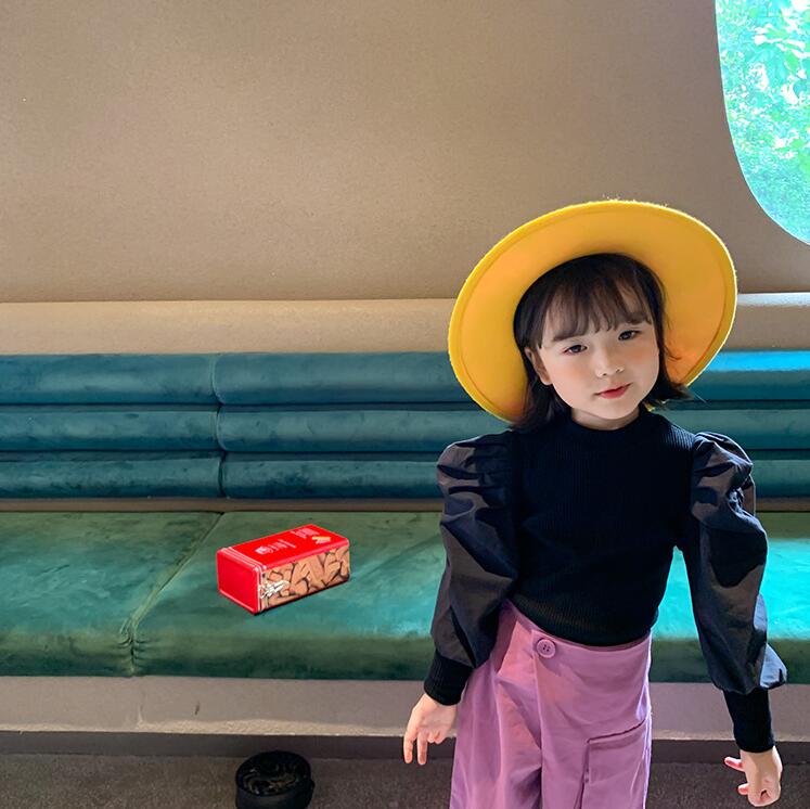 2020 nuove Ragazze balze T-camicia Autunno Del Manicotto di Soffio di Modo Delle Ragazze del Cotone superiore 2-7 anni QW157: nero