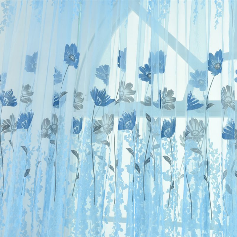 Tylgardiner til køkkenet stue stof voile vindue soveværelse tulipanprintet altan solafskærmning   hz1: Himmelblå